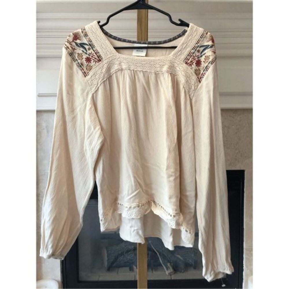 Knox Rose Women’s Boho Cream Shoulder Floral Embroidered Lace Trim Blouse Size X